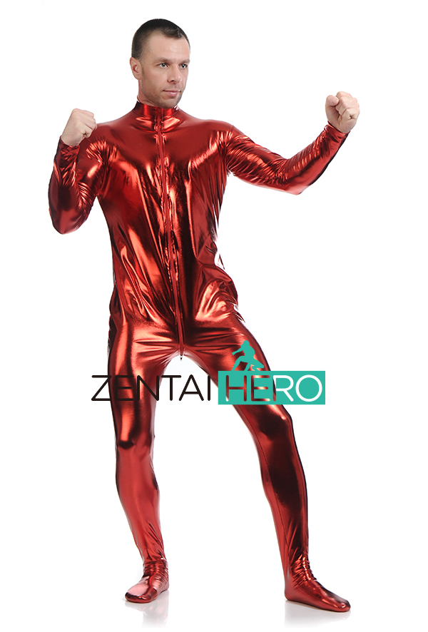 Hot Red Color Front Zipper Shiny Metallic Catsuit