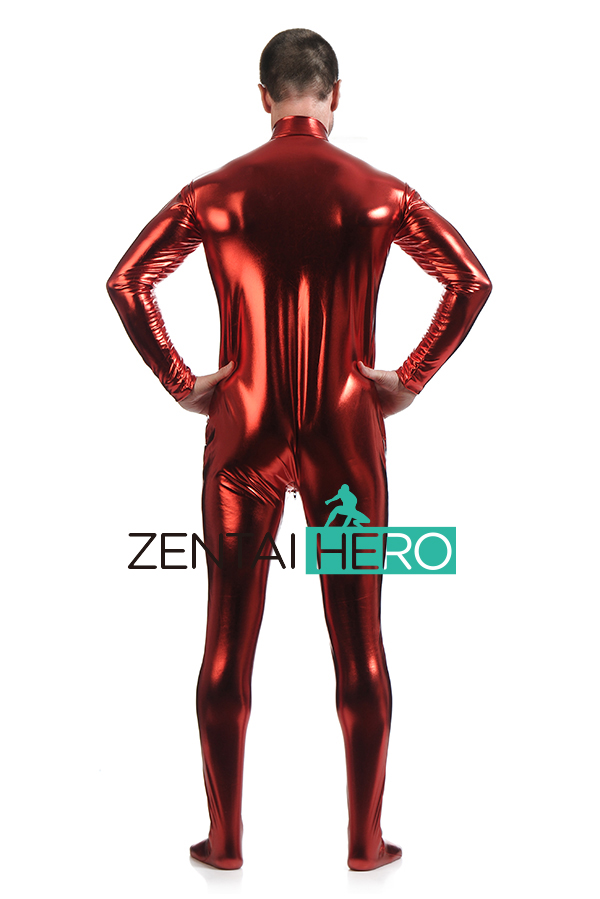 Hot Red Color Front Zipper Shiny Metallic Catsuit