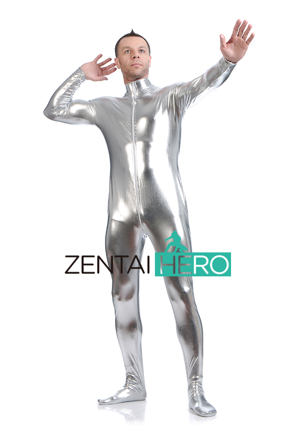 Hot Silver Male Shiny Metallic Front Zipper Catsuit