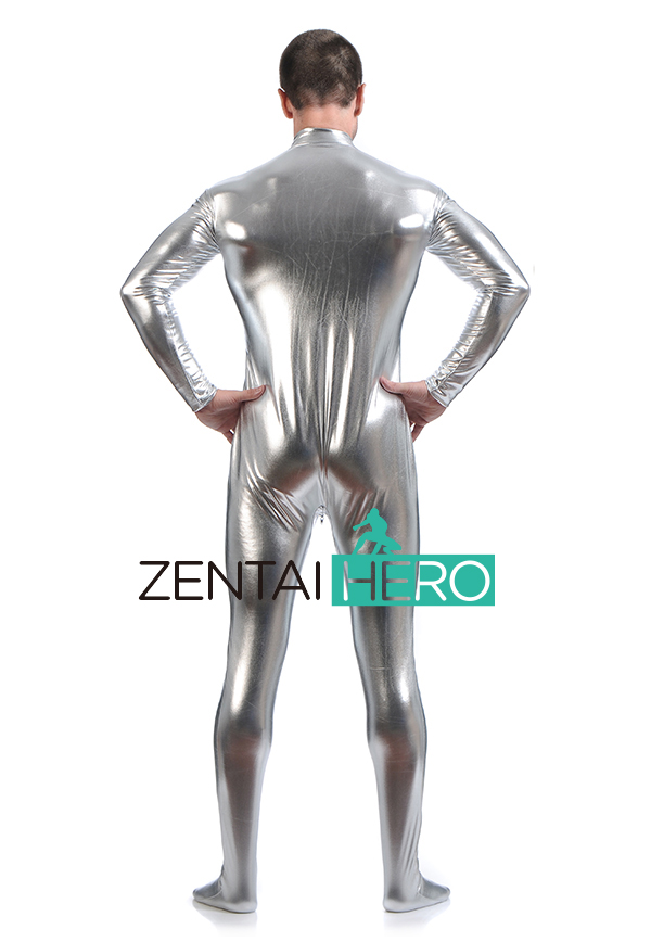 Hot Silver Male Shiny Metallic Front Zipper Catsuit