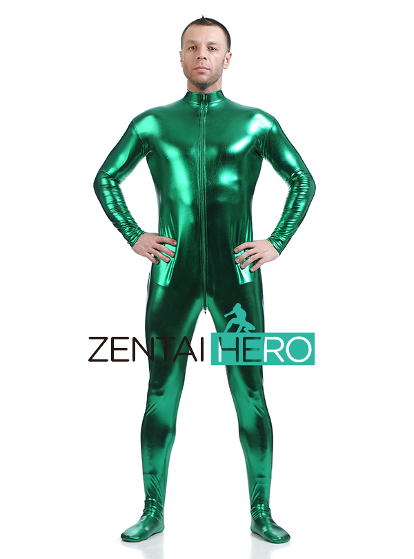 New Green Shiny Metallic Zentai Catsuits With Front Zipper