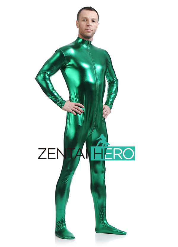 New Green Shiny Metallic Zentai Catsuits With Front Zipper