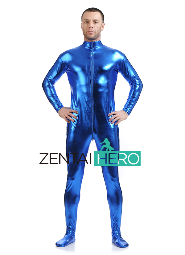 Royal Blue Shiny Metallic Zentai Catsuit For Men