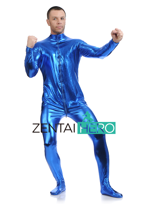 Royal Blue Shiny Metallic Zentai Catsuit For Men