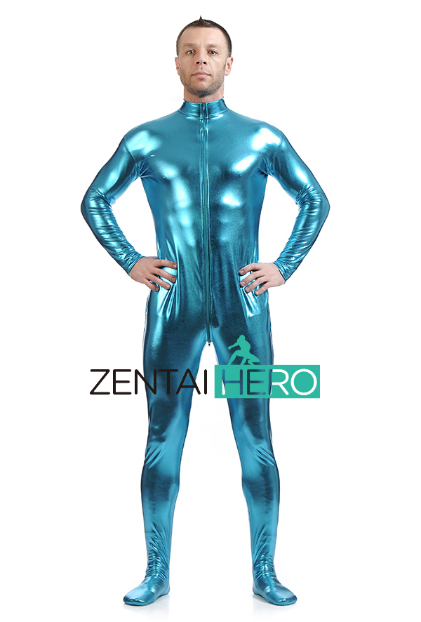 Blue Fashion Shiny Metallic Zentai Catsuit Zipper Front