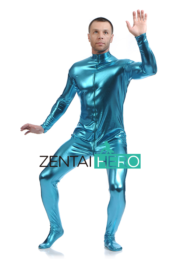 Blue Fashion Shiny Metallic Zentai Catsuit Zipper Front