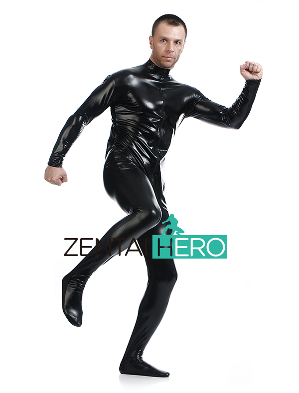 Black Hot Shiny Metallic Male Zentai Catsuit For Halloween