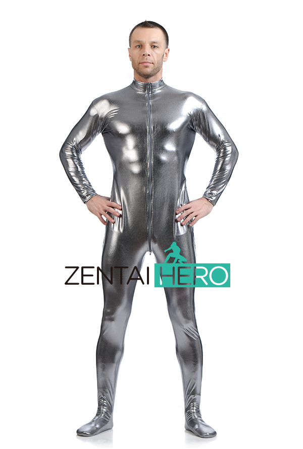 Gray Shiny Metallic Zentai Catsuit Without Hood