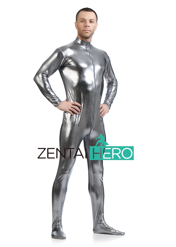 Gray Shiny Metallic Zentai Catsuit Without Hood