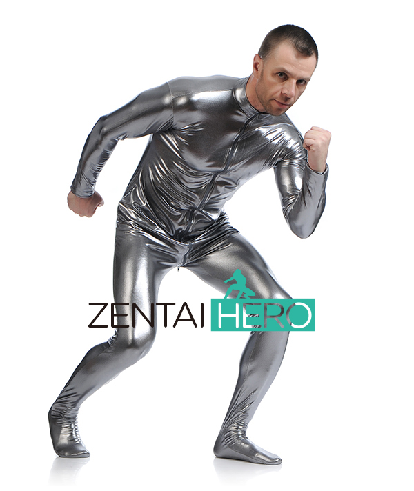 Gray Shiny Metallic Zentai Catsuit Without Hood