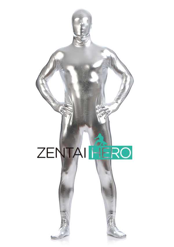 Silver New Shiny Metallic Full Body Catsuit For Men