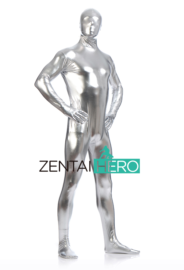 Silver New Shiny Metallic Full Body Catsuit For Men