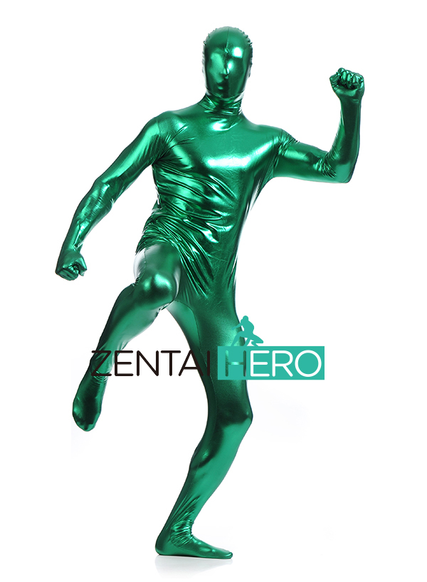 Green Full Body Shiny Metallic Catsuit For Party