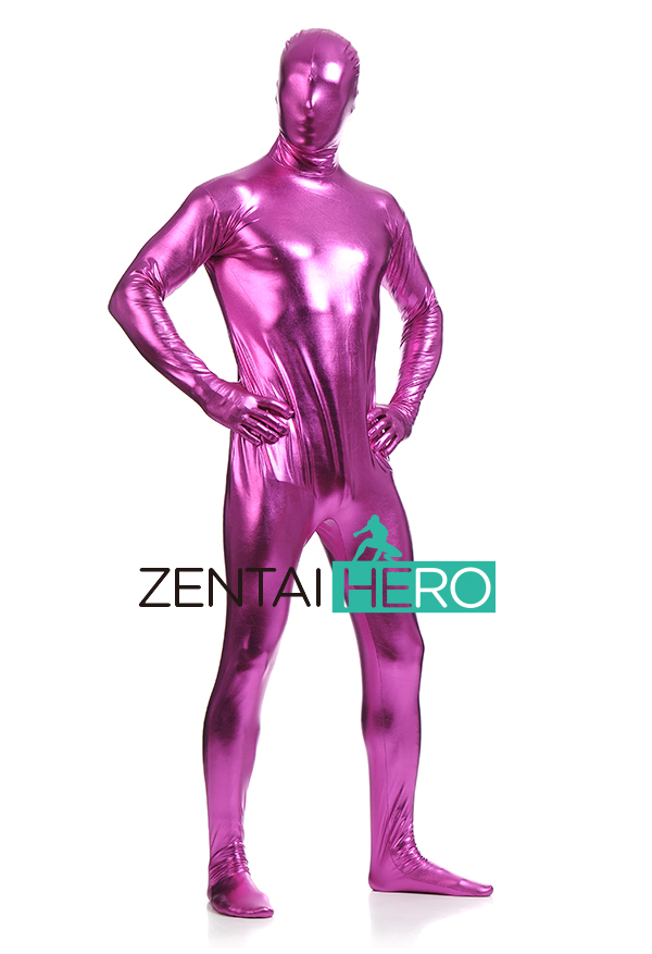 Full Body Fuchsia Shiny Metallic Zentai Suit For Men